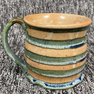Studio Pottery Striped Coffee Mug Medium Tan Green Blue Scalloped Artisan Signed